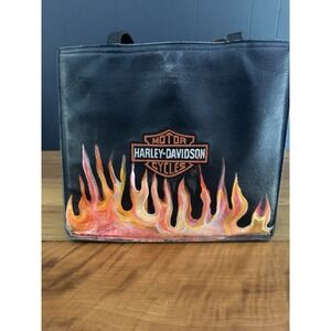 Vintage Harley-Davidson Hand-Painted Flames Leather Tote - Shows Wear